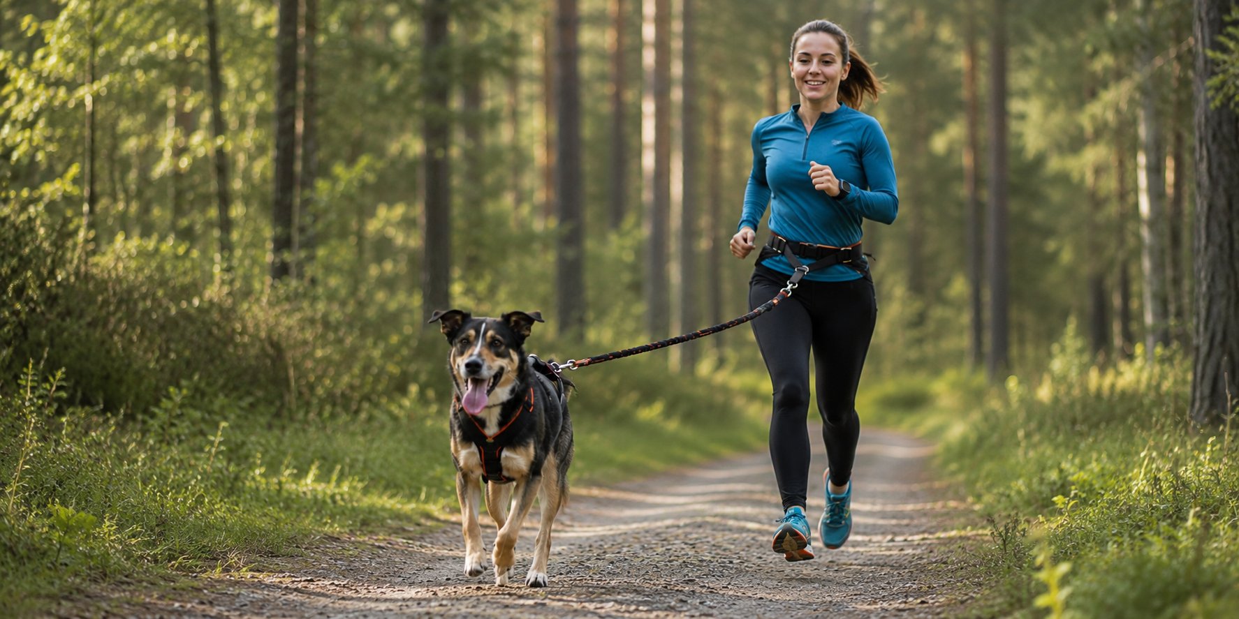 Frau läuft mit ihrem Hund im Zuggeschirr auf einem Waldweg – Canicross