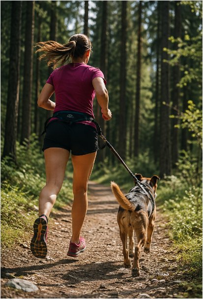 Läuferin von hinten auf einem Waldweg, ihr Hund läuft im Zuggeschirr neben ihr