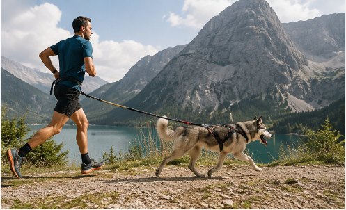 Läufer mit Husky im Zuggeschirr auf einem Bergweg über einem See