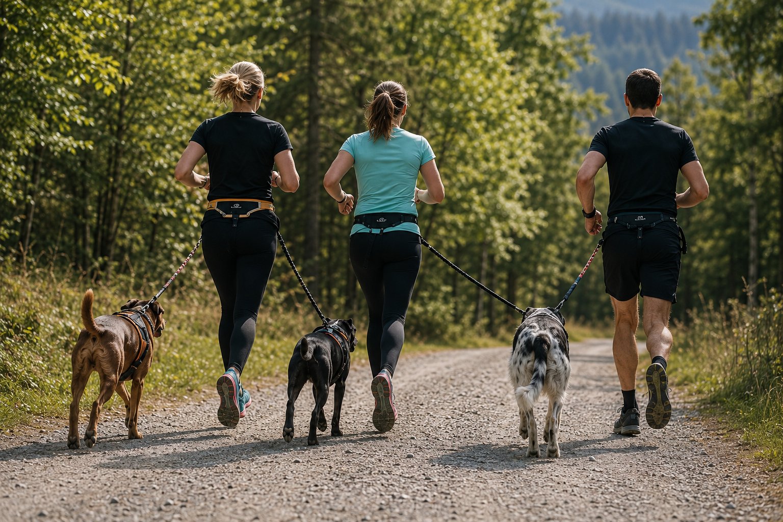 Drei Canicross-Teams laufen nebeneinander auf einem Kiesweg im Wald