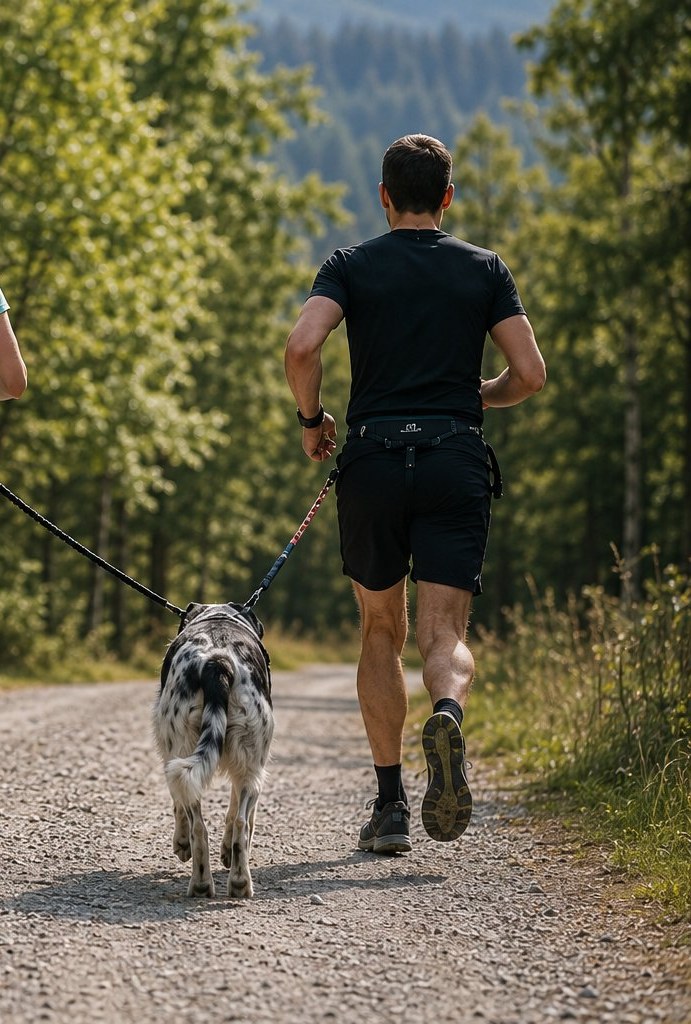 Läufer mit Hund im Zuggeschirr auf einem Waldweg