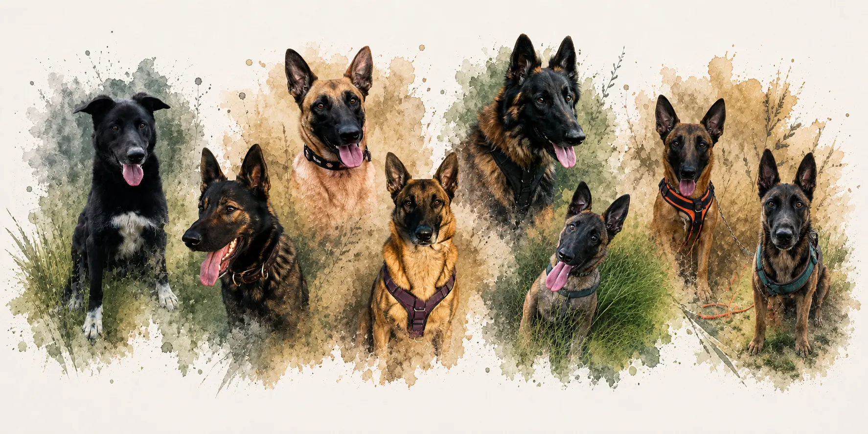 Aquarell-Illustration mit acht Hunden des Vereins Gentle Dog Options